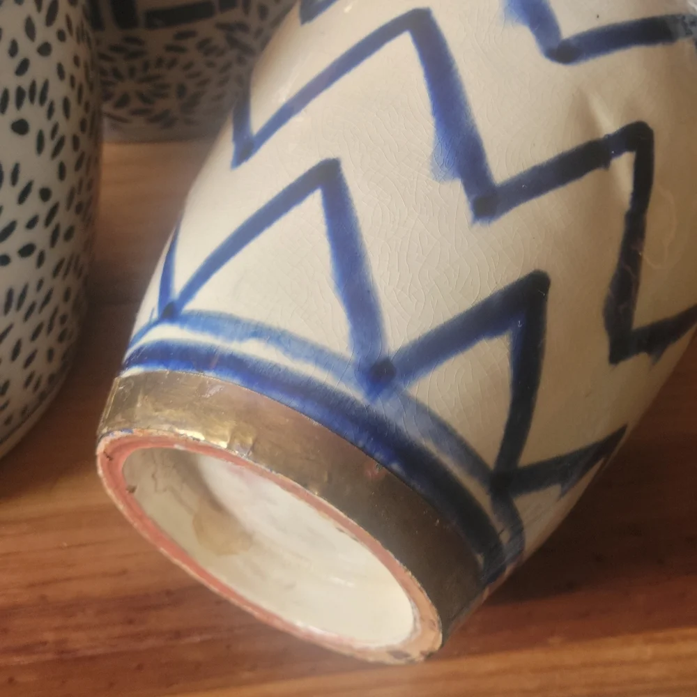 Vintage handmade vase blue white brass trim 9